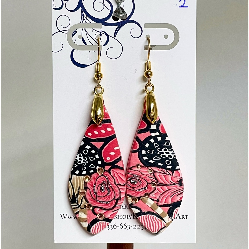 Hot pink, black and white dangle drop earrings with some bling